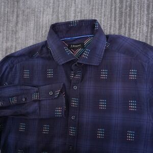 J. Campbell Los Angeles Mens Navy Blue Plaid Geometric Button Down Shirt Large